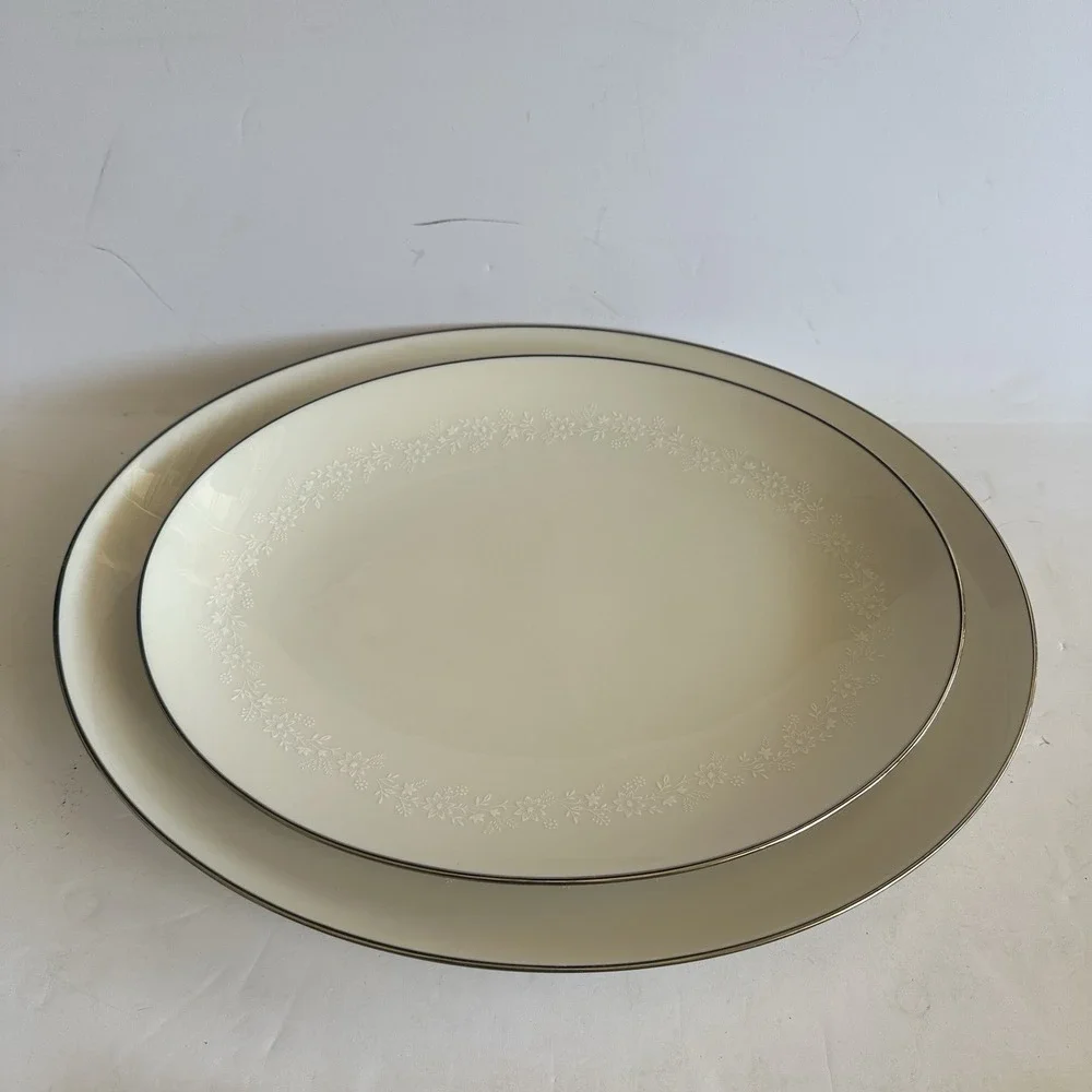 Noritake Montblanc 7257 Large & Med Oval Platters - White Floral Border on Ivory